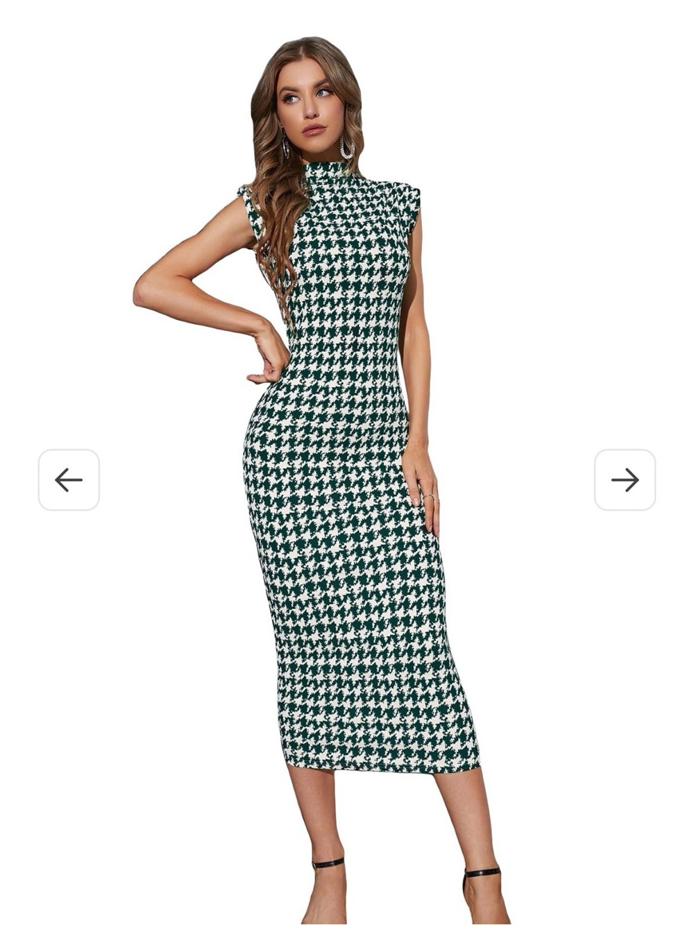 WDIRARA Women's Houndstooth Mock Neck Cap Sleeve Bodycon Dress Green White